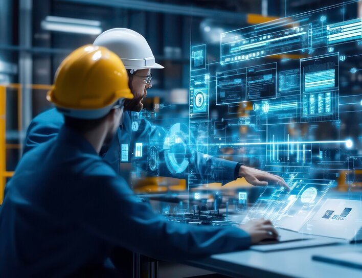 Zwei Personen mit Schutzhelmen bedienen interaktive digitale Benutzeroberflächen in einer Hightech-Umgebung.
