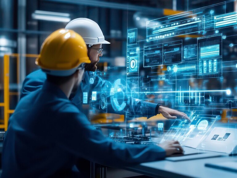 Zwei Personen mit Schutzhelmen bedienen interaktive digitale Benutzeroberflächen in einer Hightech-Umgebung.