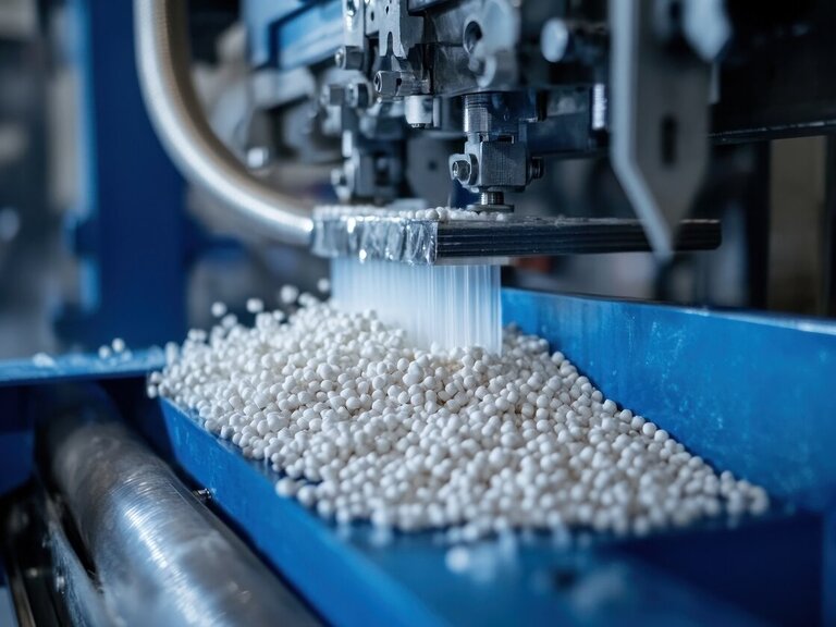 Eine industrielle Maschine verarbeitet weiße Kunststoffgranulate in einer automatisierten Produktionsanlage.