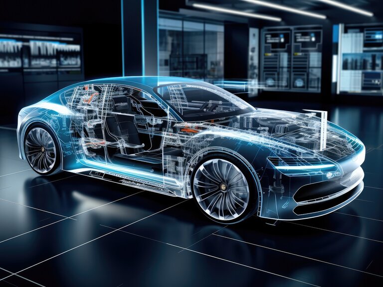 Digital visualisiertes Hightech-Auto mit transparent dargestelltem Innenleben – Fokus auf moderne Fahrzeugtechnik und computergestützte Entwicklung.