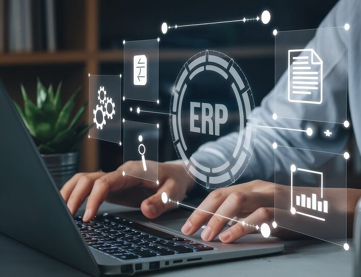 Man sieht Hände an einem Laptop und ein Hologramm mit dem Schriftzug ERP.