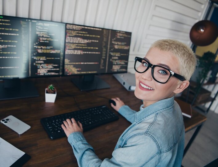 Eine lächelnde Frau sitzt vor mehreren Monitoren mit Programmiercode in einem modernen Arbeitsumfeld.