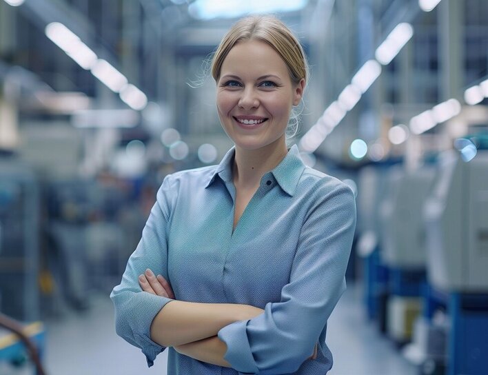 Bachelor Verfahrenstechnik Spezialisierung Produktions- und Betriebsführung Eine lächelnde Frau steht mit verschränkten Armen in einer modernen Produktionshalle.