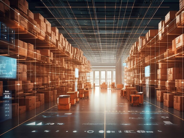 Eine große Lagerhalle mit hohen Regalen voller Kartons, in der autonome Transportfahrzeuge zwischen den Gängen fahren und digitale Projektionen von Daten und Plänen den Raum überlagern.