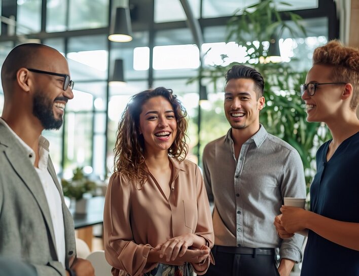 Eine Vierergruppe bestehend aus zwei Frauen und zwei Männern steht zusammen im Büro und lacht.