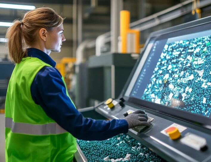 Eine Frau mit Warnweste überwacht an einem großen Bildschirm einen industriellen Prozess in einer modernen Fertigungsanlage.