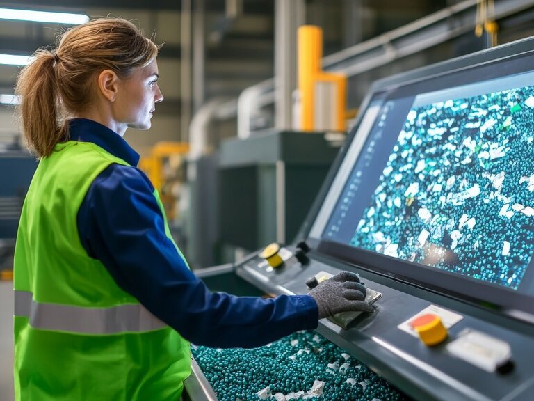 Eine Frau mit Warnweste überwacht an einem großen Bildschirm einen industriellen Prozess in einer modernen Fertigungsanlage.