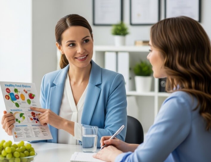 Eine Ernährungsberaterin erklärt einer Klientin anhand eines Flyers gesunde Lebensmittel, während die Klientin Notizen macht. Auf dem Tisch liegen Obst und Wasser; die helle, freundliche Atmosphäre wirkt professionell.