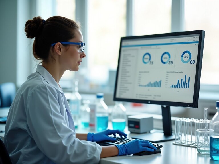 Eine Wissenschaftlerin analysiert Labordaten am Computer in einem modernen Laborumfeld.
