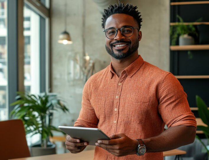 Mann mit Brille und Tablet Mann mit lockigem Haar, Brille und Bart steht lächelnd in einem modernen, lichtdurchfluteten Büro und hält ein Tablet in den Händen.
