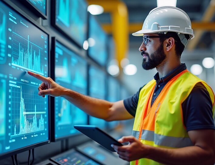 Ein Mann mit Schutzweste und Helm analysiert digitale Daten auf großen Monitoren in einer industriellen Umgebung.