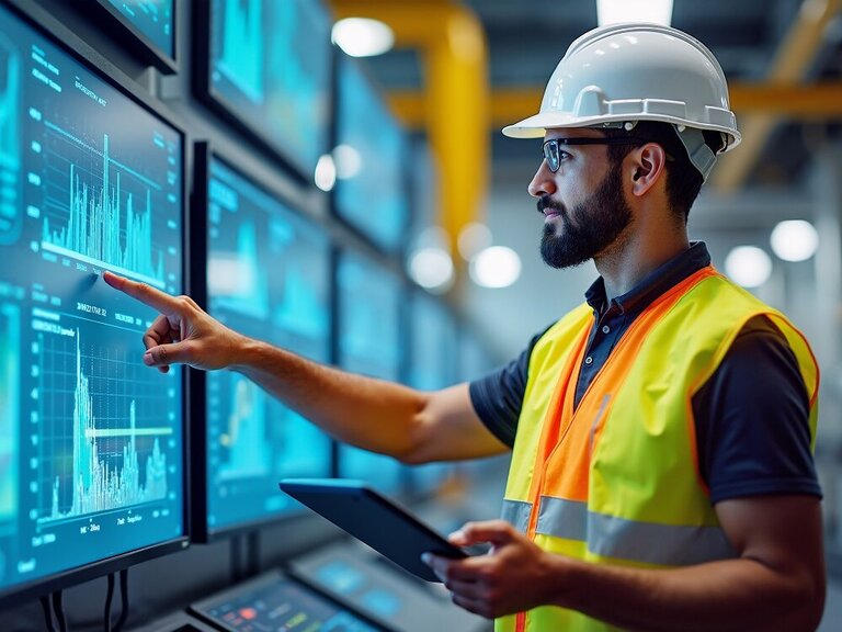 Ein Mann mit Schutzweste und Helm analysiert digitale Daten auf großen Monitoren in einer industriellen Umgebung.