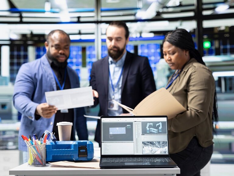 Drei Personen besprechen technische Unterlagen in einem modernen Büro, im Vordergrund steht ein Laptop mit Konstruktionssoftware.